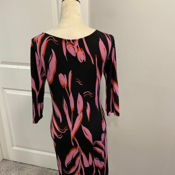 Moci by Purple Rain Black, Pink & Red Pattern Midi Dress & 3/4 Sleeve - M - Picture 6 of 9